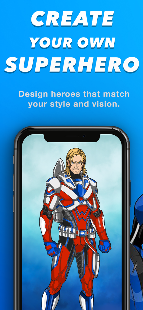 A mobile app screen showing a custom superhero character with a jetpack and red white and blue armor.