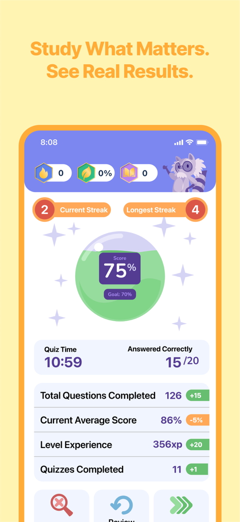NCE Exam Prep 2026 | EZPrep - Dashboard der EZPrep NCE Exam Prep App mit Quizpunktzahlen, Lernserien und Fortschrittskennzahlen.