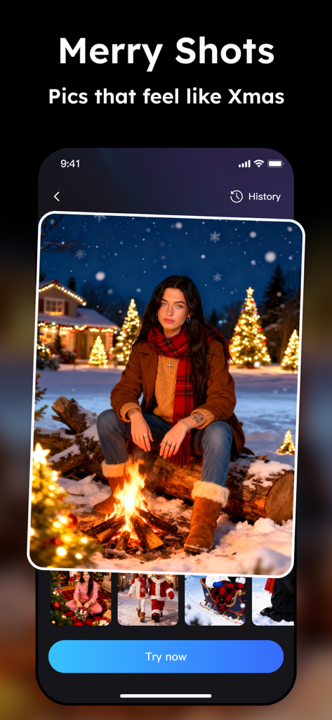 AI-generated Christmas themed photo of a woman by a campfire in a snowy backyard with festive lights