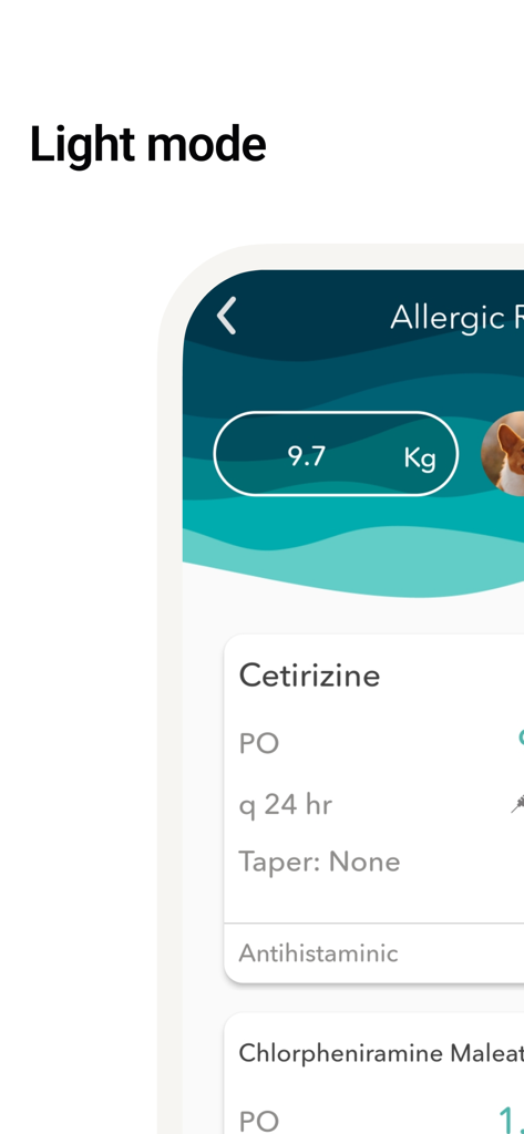 Vet Easy app screenshot showing a drug dosage calculation for Cetirizine in light mode