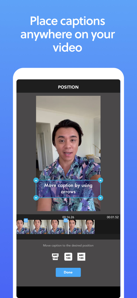 A mobile phone screen showing the MixCaptions app interface for adjusting the placement of captions on a video with arrows