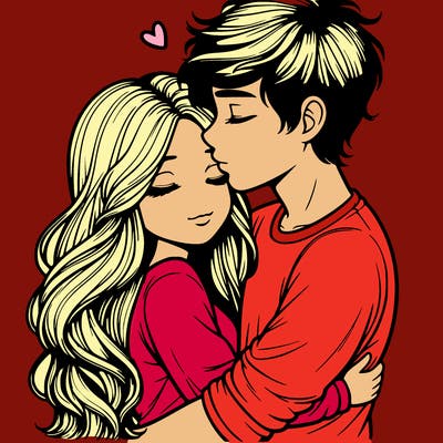a realistic couple boy and girl hugging and kissing