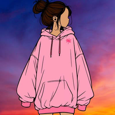 realistic girl with a oversized sweatshirt on and a bun