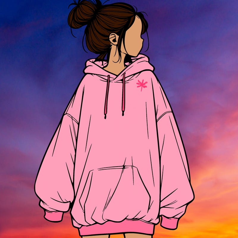 realistic girl with a oversized sweatshirt on and a bun