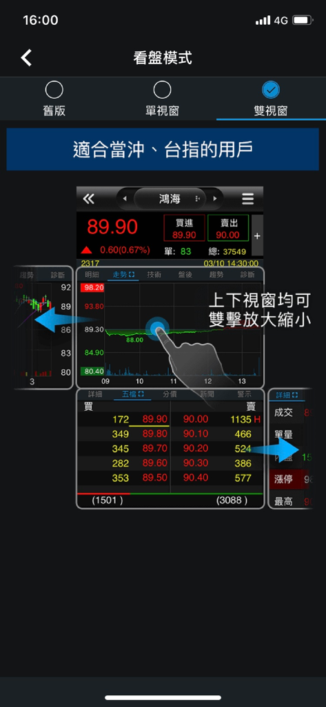 Captura de tela do aplicativo Sunny Securities Mobile Success apresentando interface de negociação em janela dupla com gráficos de ações em tempo real e detalhes do livro de ordens.