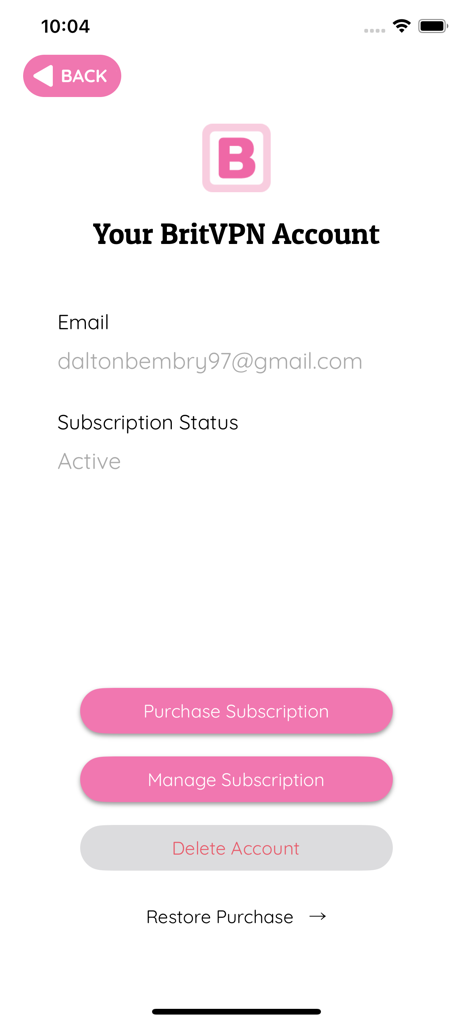 BritVPN account settings screen displaying user email subscription status and management options