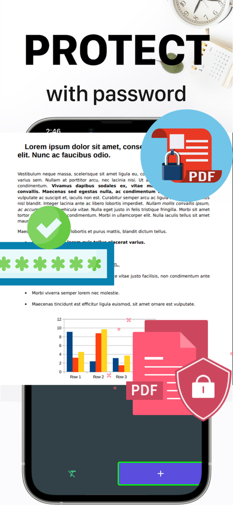 Quick Scan Pro:Scanner for Doc - Mobile App-Oberfläche, die zeigt, wie PDF-Dokumente zum Schutz der Privatsphäre mit einem Passwort gesichert werden.