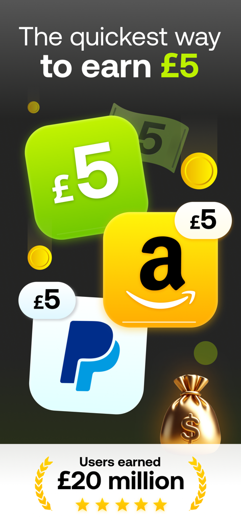 Five Surveys - Earn Money Fast - Five Surveys App-Bildschirm, der die schnellste Möglichkeit zeigt, fünf Pfund mit PayPal und Amazon Auszahlungsoptionen zu verdienen