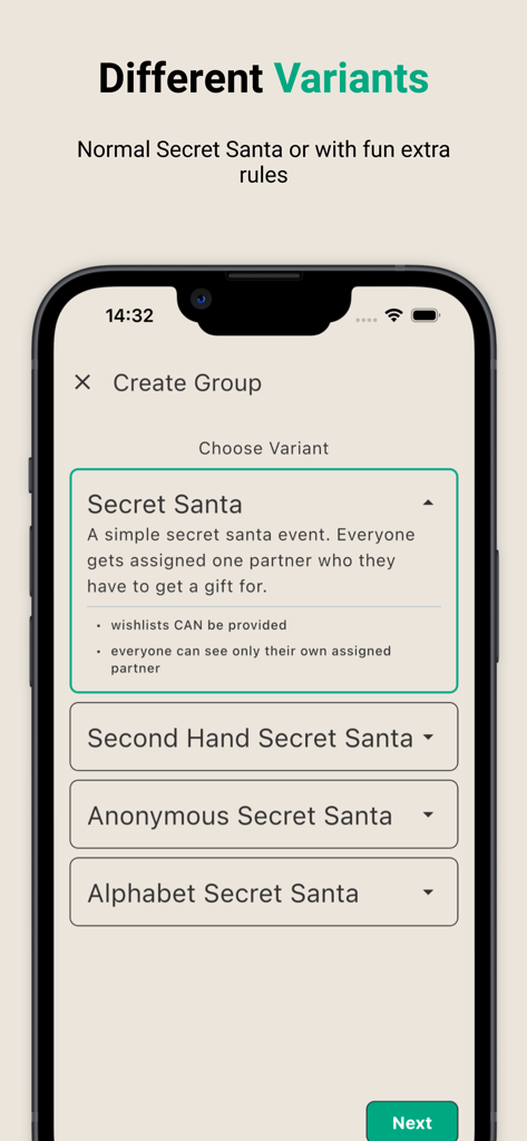 iPhone screen showing different game variants in the Secret Santa Helper App.