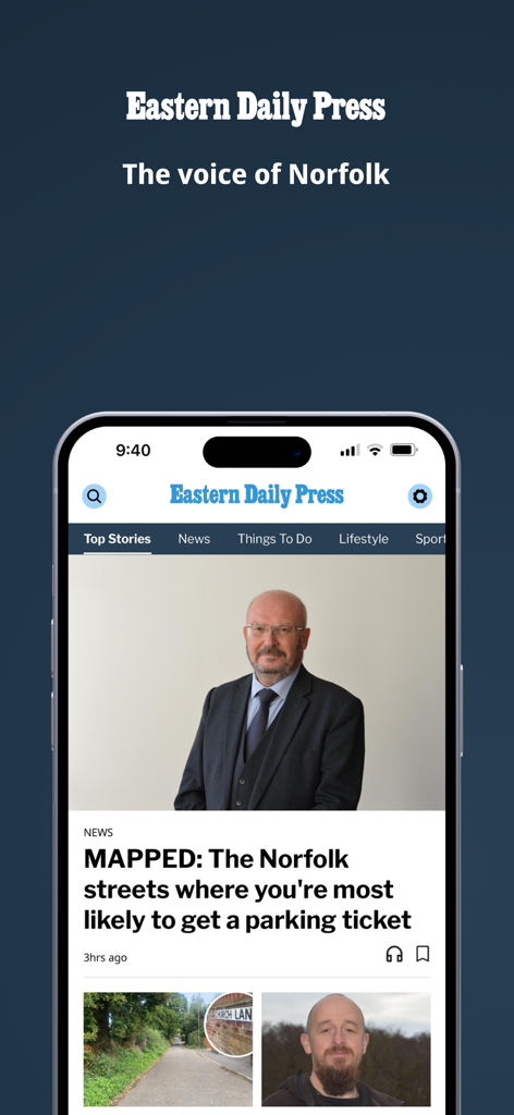 Eastern Daily Press app interface displaying top news stories for Norfolk