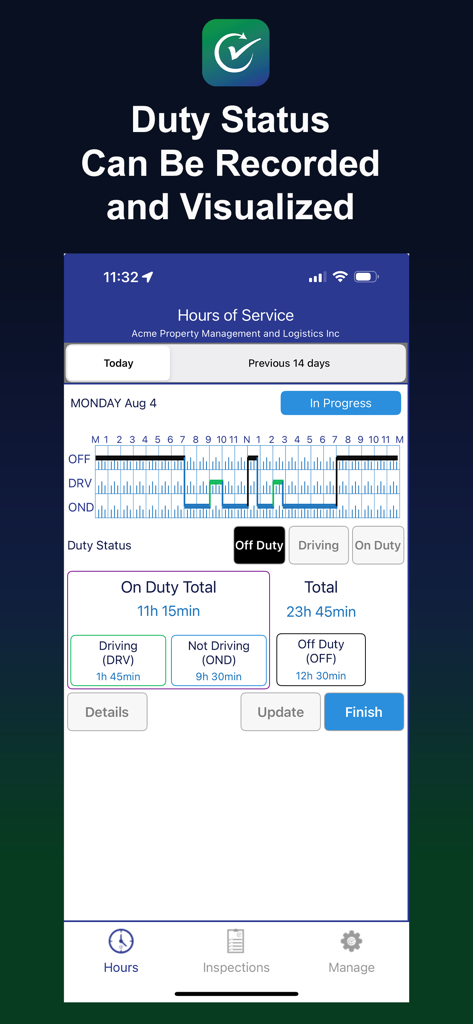 ReadyChek - ReadyChek app interface for tracking driver hours of service and duty status