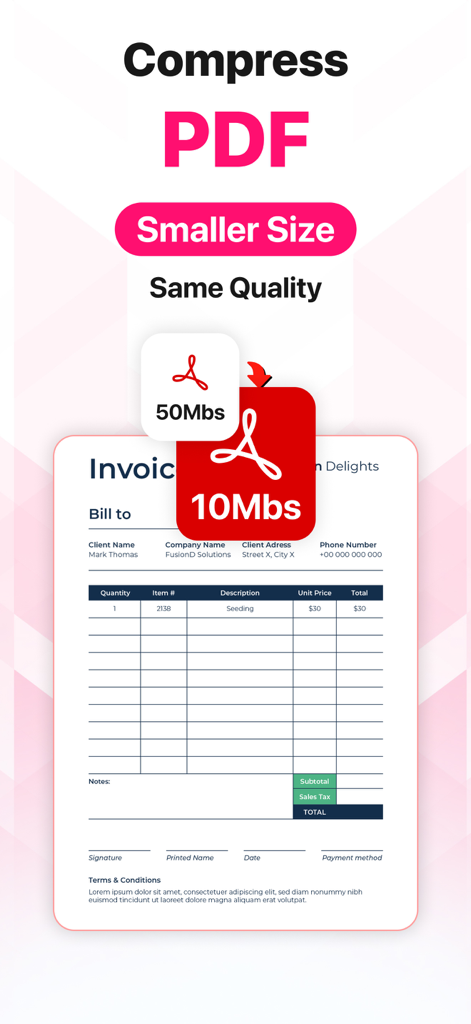 Image Converter • JPG to PDF - Eine Funktion, die die PDF-Komprimierung von 50 MB auf 10 MB bei gleicher Qualität zeigt.