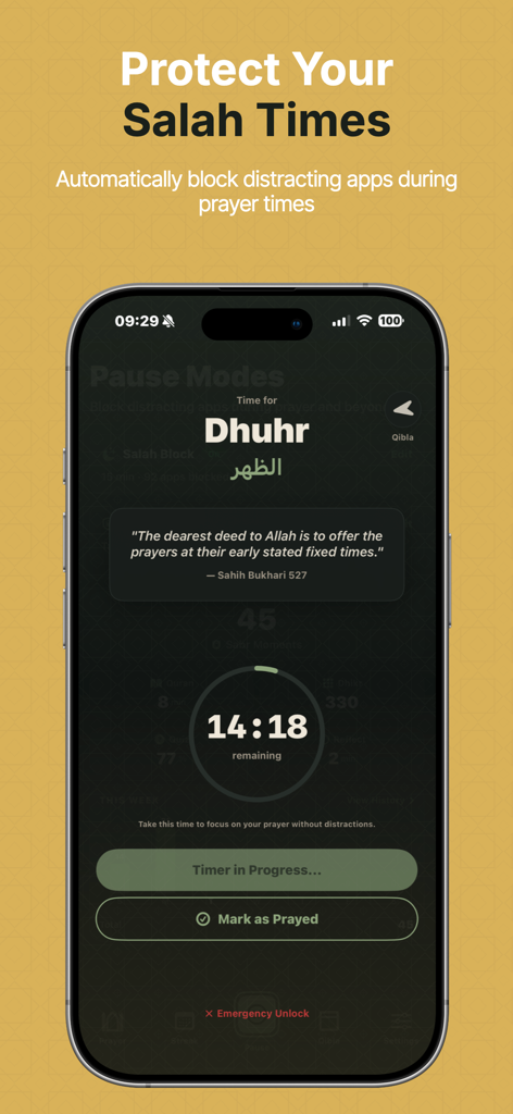Prayer Pause: Salah & Focus - Smartphone screen showing the Prayer Pause app blocking distracting apps during Dhuhr prayer time.