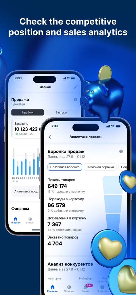Ozon Seller app dashboard showing sales funnel and competitor analytics