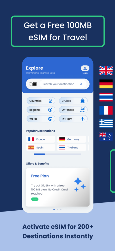 GigSky app interface showing free 100MB eSIM plan for international travel