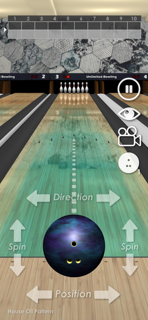 Unlimited Bowling - Unlimited Bowling gameplay showing ball spin and direction controls on a house oil pattern lane