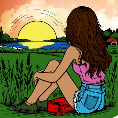 realistic girl sitting and watching the sunset