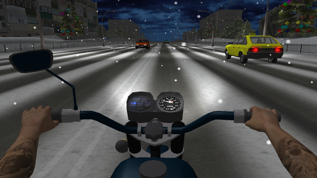 Russian Moto Traffic Rider 3D - First person view of a motorcycle driving on a snowy highway at night
