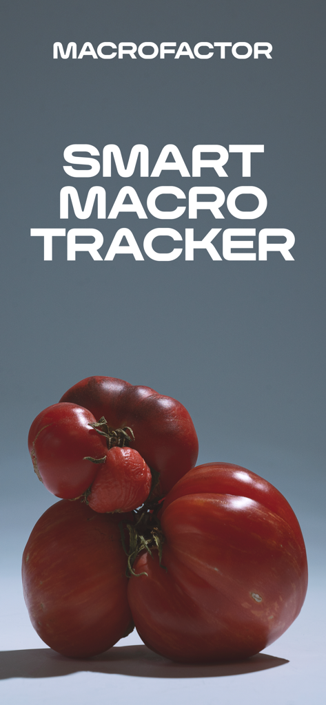 MacroFactor - Macro Tracker - La pantalla de inicio de la aplicación MacroFactor con el texto Smart Macro Tracker y un grupo de tomates rojos heirloom sobre un fondo gris.