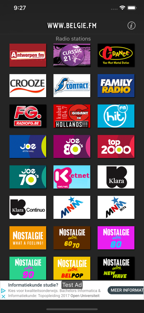 A grid of Belgian radio station logos like Joe FM and MNM in the Belgie.FM app