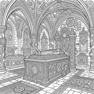 Dive into a world where gothic grandeur meets industrial fantasy with this intricate Steampunk Cathedral Tombs coloring page. Adorned with countless gears and Victorian patterns, it promises a uniquely engaging coloring experience.