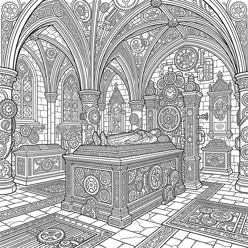 Dive into a world where gothic grandeur meets industrial fantasy with this intricate Steampunk Cathedral Tombs coloring page. Adorned with countless gears and Victorian patterns, it promises a uniquely engaging coloring experience.