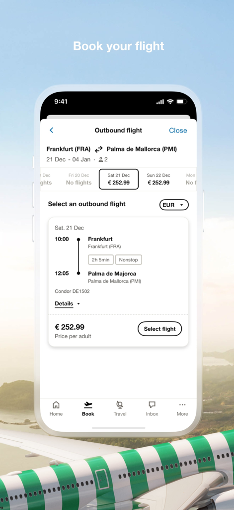 App Condor Airlines che mostra le opzioni di volo in partenza da Francoforte a Palma di Maiorca