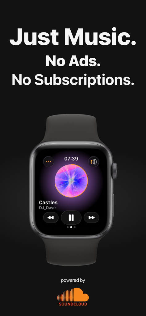 WatchCloud - WatchCloud music player interface on Apple Watch showing playback controls for a SoundCloud track with no ads or subscriptions