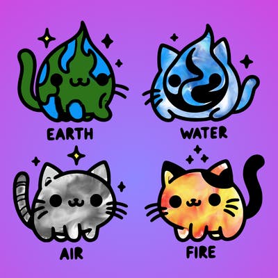 4 cats that represent the different elements, earth, water, air, and fire