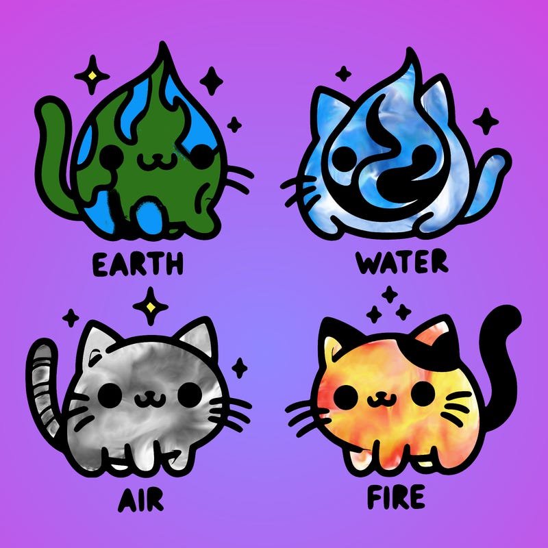 4 cats that represent the different elements, earth, water, air, and fire