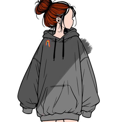 realistic girl with a oversized sweatshirt on and a bun