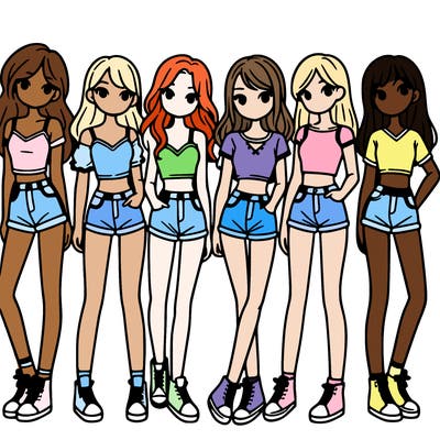 a group of girls wearing crop tops and shorts