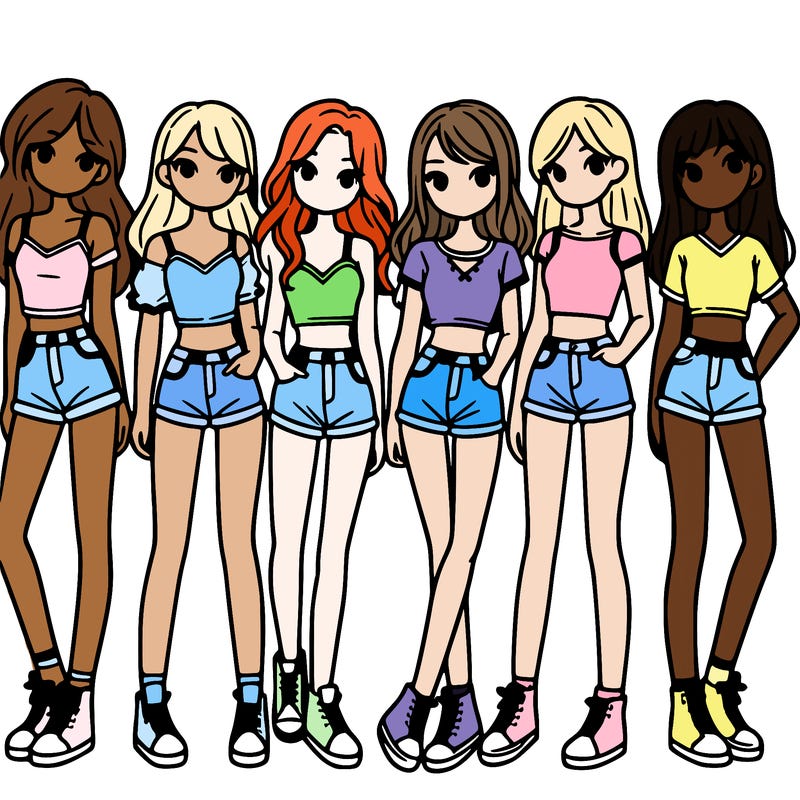 a group of girls wearing crop tops and shorts