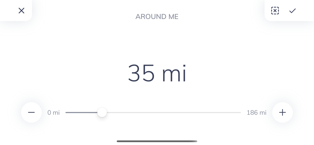 Roundshot Livecam - Interface of the Roundshot Livecam app showing a slider to filter webcams within a thirty five mile radius