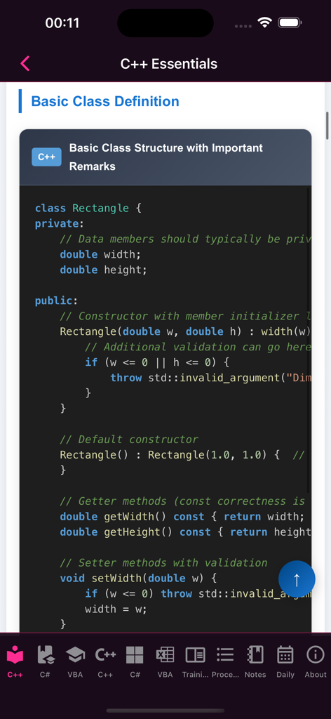 MSDev Academy - MSDev Academy Mobile App zeigt eine C++-Unterrichtsstunde zur grundlegenden Klassendefinition für ein Rechteck