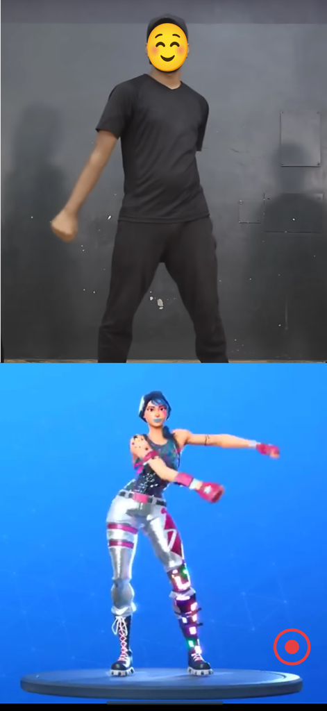 Epic Emote: Dance for Fortnite - Schermo diviso che mostra una persona che si registra mentre imita un'emote di ballo di un personaggio di Fortnite.
