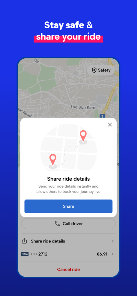 eCabs: Request a Ride - eCabs app interface displaying a popup to share ride details and track the journey live on a map.