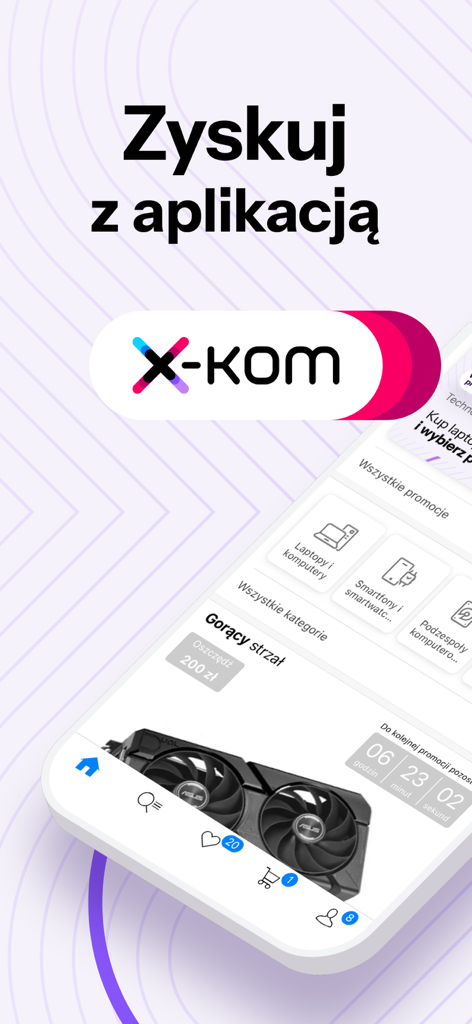 x-kom - inteligentny wybór - Interface de l'application mobile x-kom affichant les catégories d'électronique et une offre promotionnelle sur une carte graphique