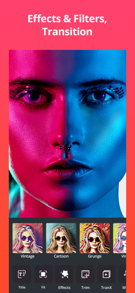 Video Plus - Music Editor Crop - Interface of Video Plus app displaying artistic filters and video editing tools for social media creators