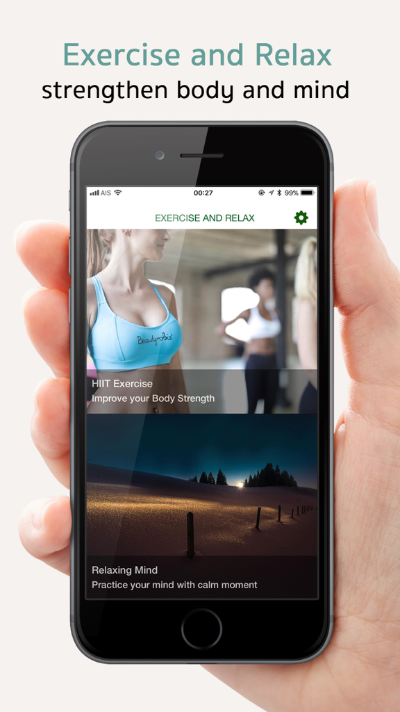7-Minute Workout and Calm Mind - Smartphone screen showing HIIT exercise and relaxing mind options within the 7-Minute Workout app.