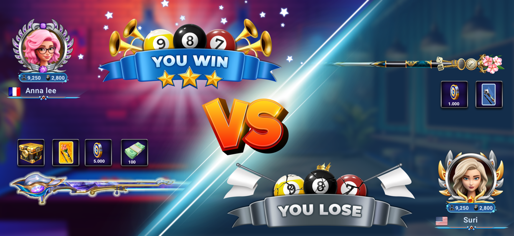 Pool Club: 8 Ball Billiards - Una pantalla de comparación que muestra resultados de victorias y derrotas con avatares y recompensas en Pool Club 8 Ball Billiards.