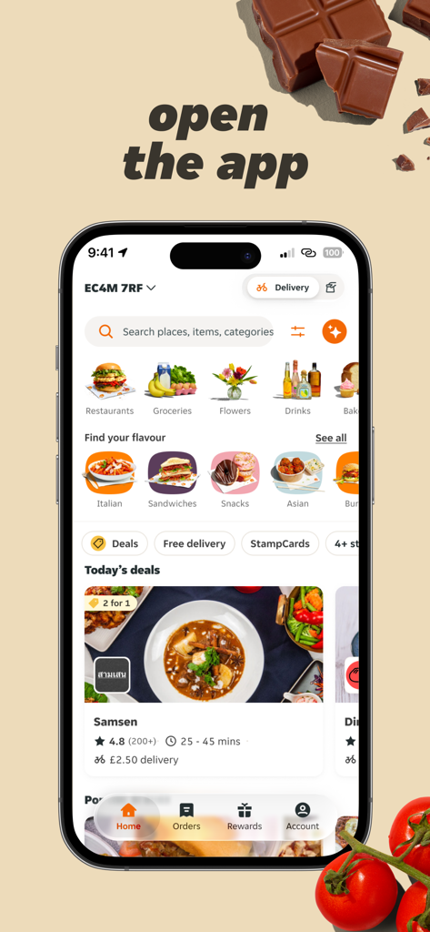 Just Eat - Food Delivery - Just Eat mobile app home screen showing restaurant categories and daily food deals
