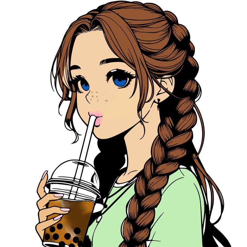 realistic girl with braided hair drinking boba