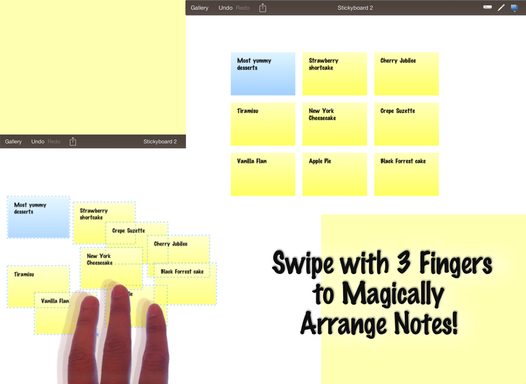 Stickyboard 2 - iPad screenshot showing the Stickyboard 2 app with a three-finger swipe gesture to automatically arrange digital sticky notes on a virtual whiteboard.