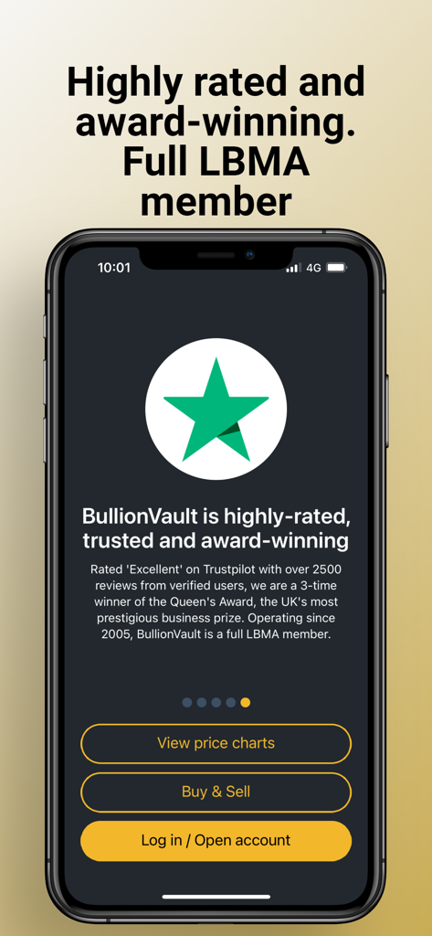 BullionVaultアプリ画面。Trustpilotの評価とLBMAの会員資格を強調。