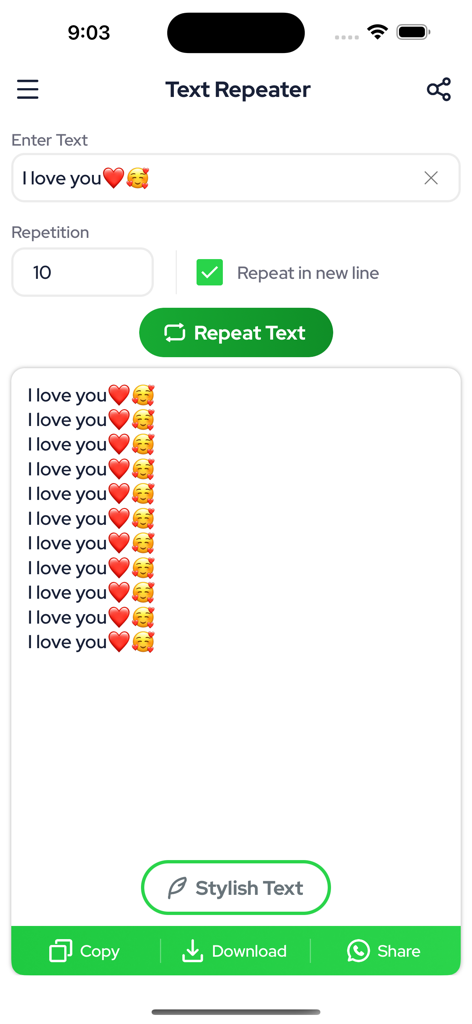 Text Repeater: Repeat Text 10K - Interface do aplicativo Text Repeater mostrando a frase Eu te amo com emojis de coração repetidos em linhas separadas