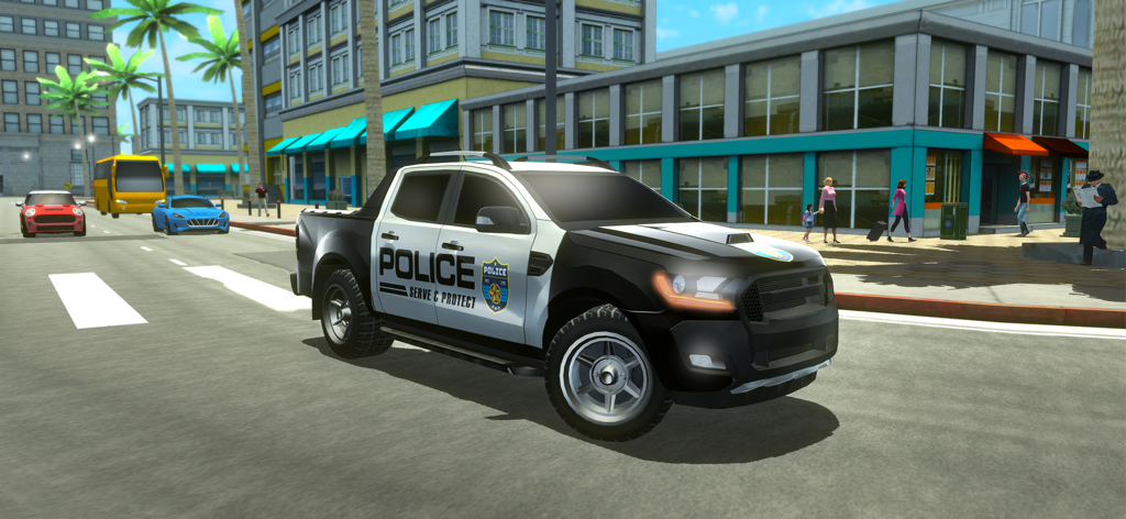 Driving Academy: Car Games - Una camioneta pickup de policía blanca y negra estacionada en una calle de la ciudad en un simulador de conducción de mundo abierto.