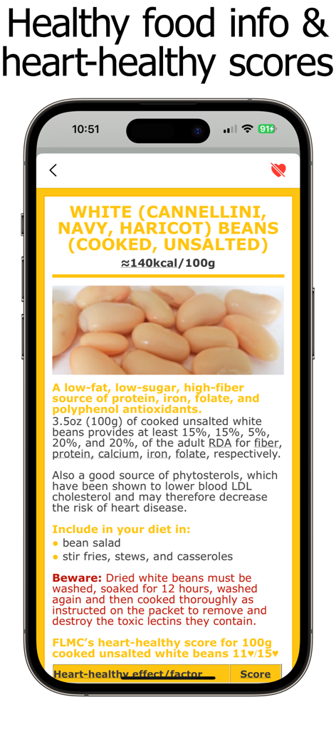 Protein Counter and Tracker - Detailliertes Nährwertprofil und herzgesundheitliche Bewertungen für weiße Bohnen, angezeigt in der Protein-Zähler-App