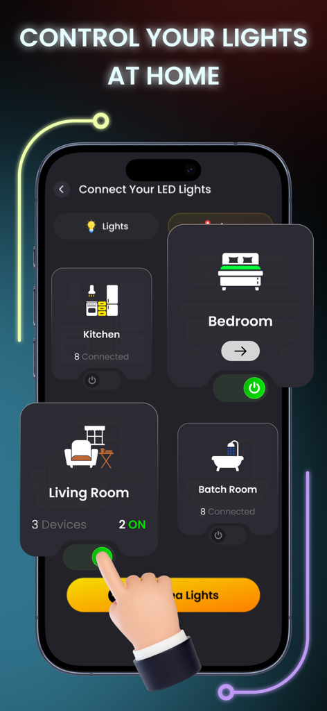 LED Light Controller Smart LED - LED Light Controller app interface for managing smart home lights by room