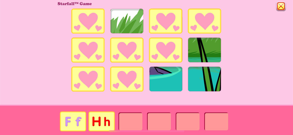 Um jogo de memória para crianças no aplicativo ABCs da Starfall com corações cor-de-rosa e letras do alfabeto